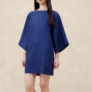 Banana Republic 100% Linen Boat Neck Midi Bishop Sleeve Royal Blue Spring Dress